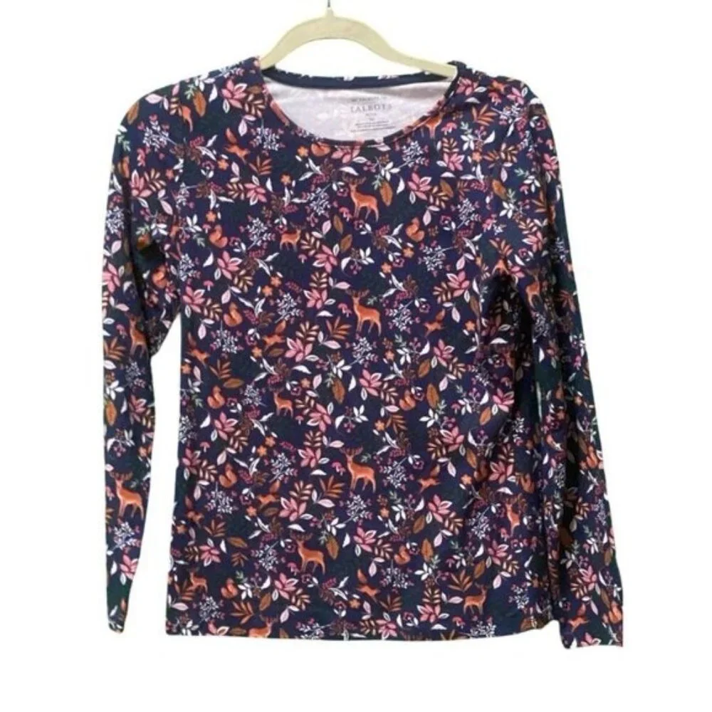 The Talbots Tee - Long Sleeve Crew Neck Woodland Print Cotton Blend Tee Size PS - Picture 3 of 4